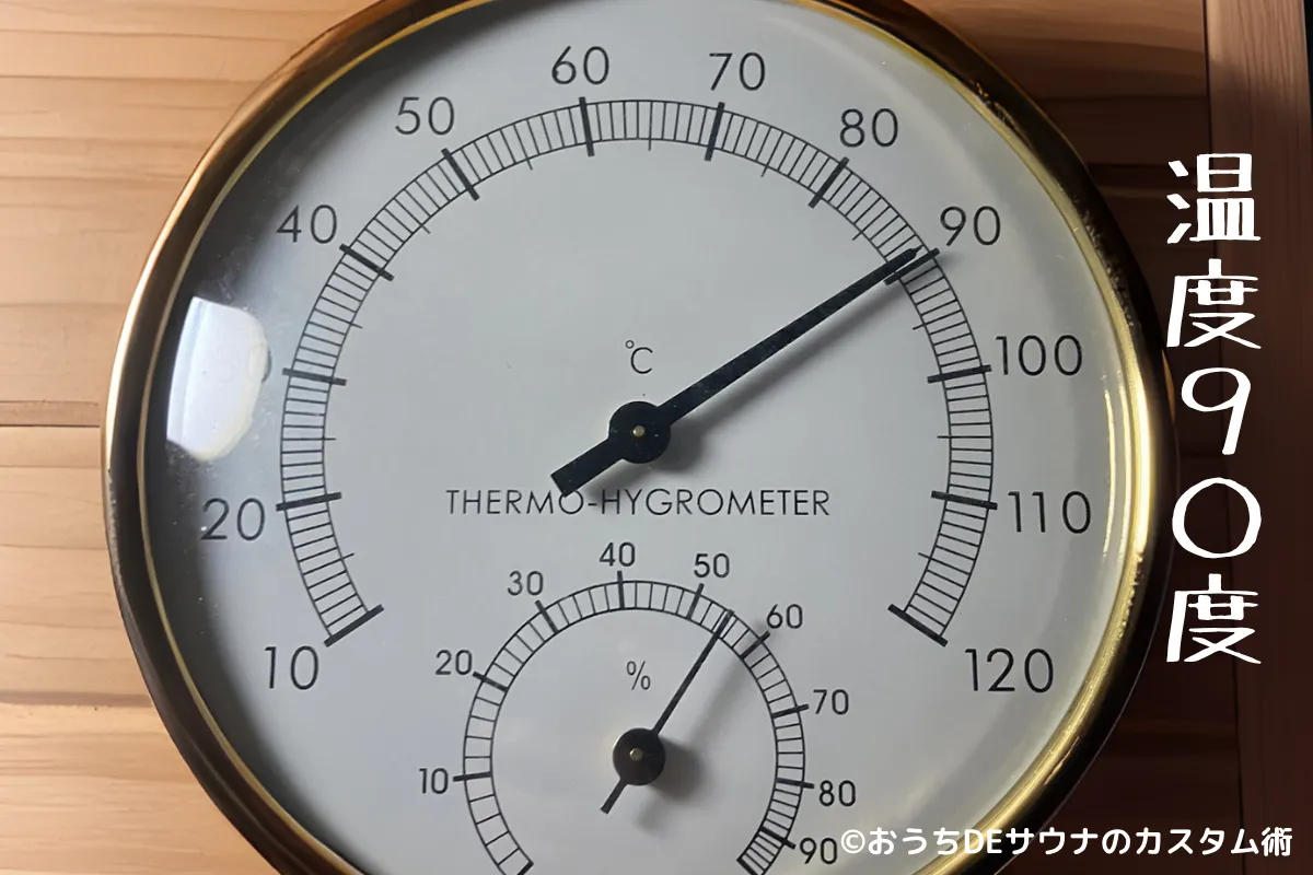 おうちDEサウナ内の温度計が90℃を示している写真